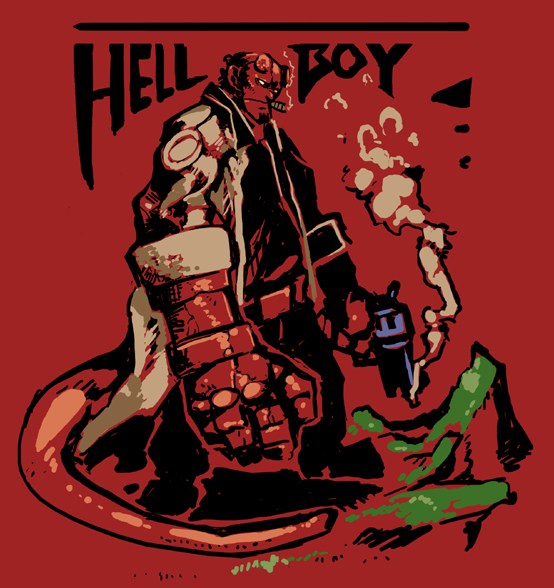 demon, gun, hellboy, hellboy_(comic), red, shigehiro_(artist), trench_coat, trenchcoat