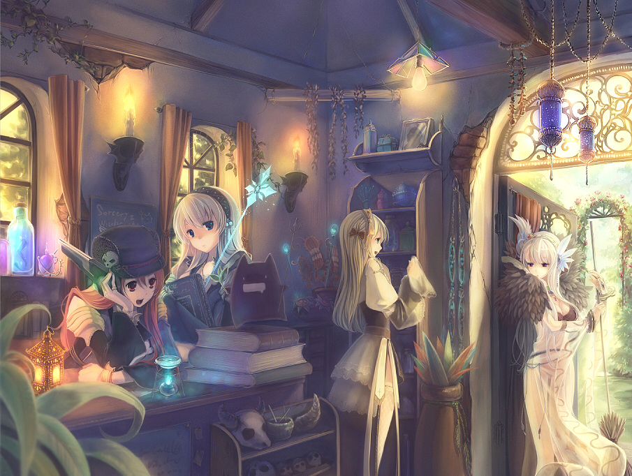 :d, archbishop, blonde_hair, blue_eyes, book, bottle, breasts, broom