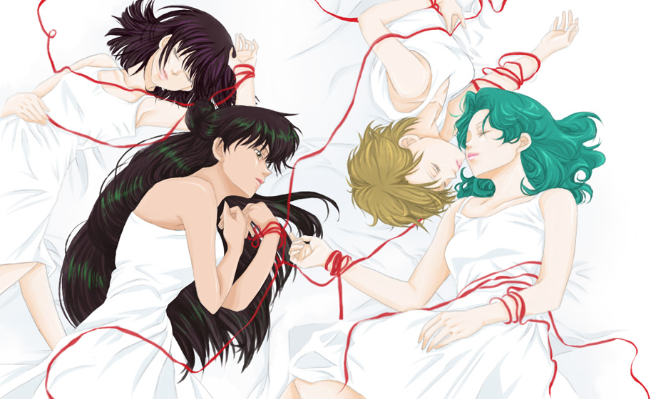 aqua_hair, bishoujo_senshi_sailor_moon, blonde_hair, closed_eyes, dress, eyes_closed, green_hair, half_updo