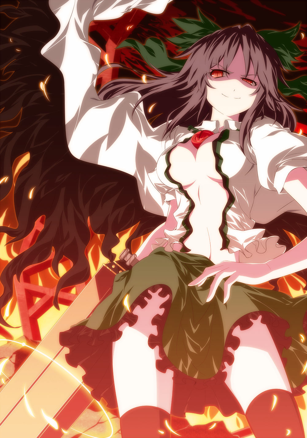 arm_cannon, black_legwear, black_wings, bow, breasts, brown_eyes, brown_hair, cape