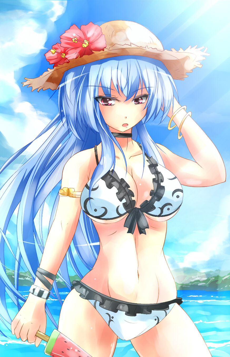 bikini, blue_eyes, blue_hair, breasts, choker, flower, hat, highres
