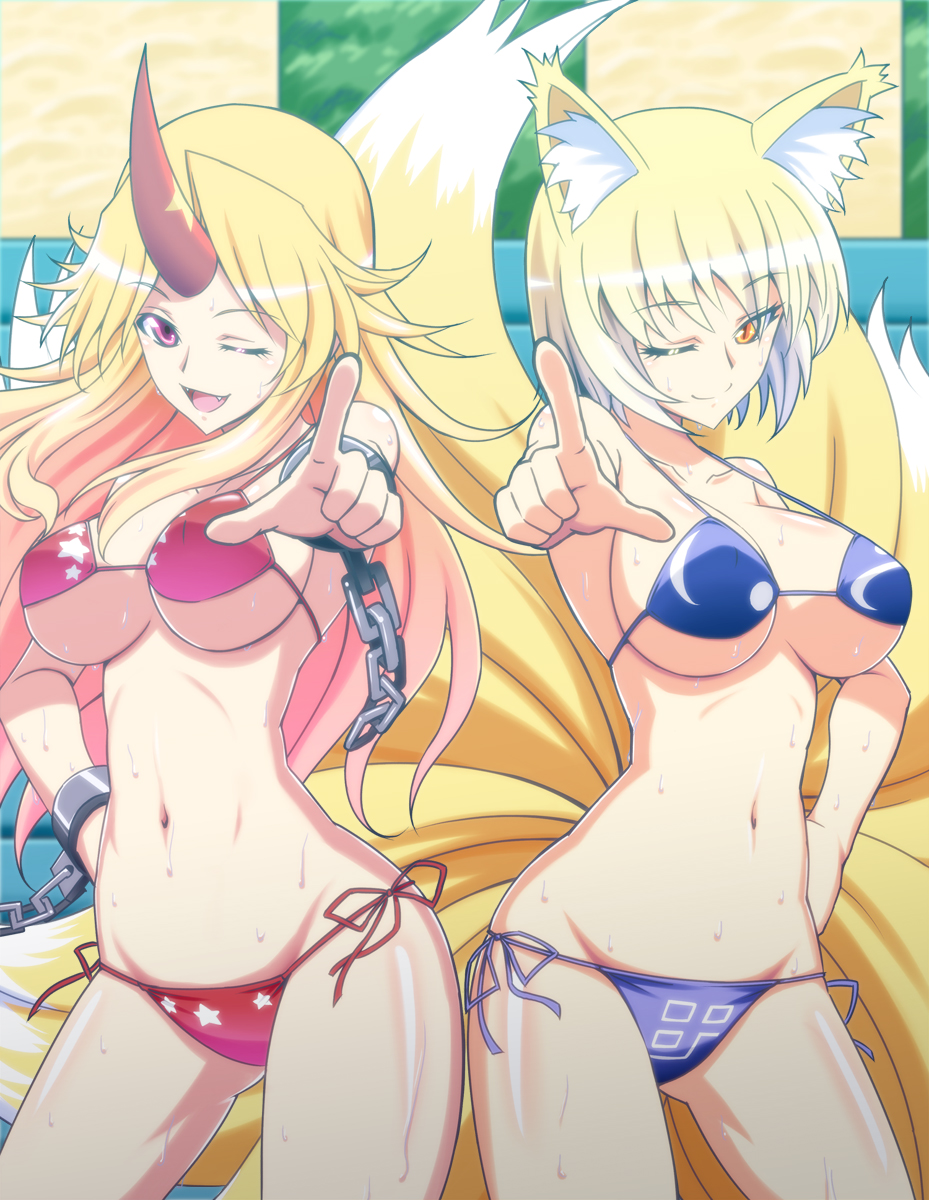 animal_ears, bikini, blonde_hair, breasts, chain, chains, cleavage, fang