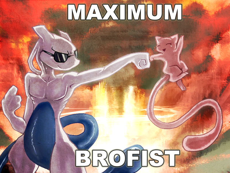 alternate_color, amastroph, english, epic, fist_bump, mew, mewtwo, no_humans