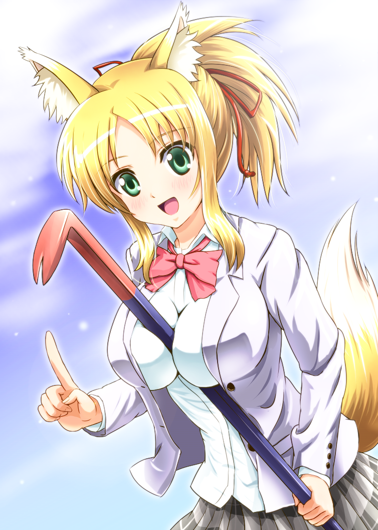 :d, animal_ears, asumi_kana, between_breasts, blonde_hair, blush, breasts, cosplay