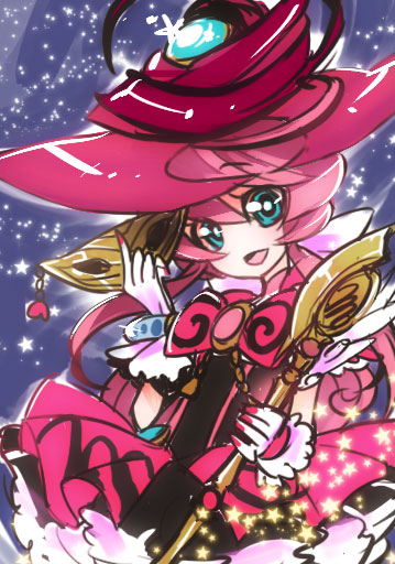 aqua_eyes, female, genderswap, gloves, hat, kamen_rider, kamen_rider_fourze_(series), long_hair, mas, pink_hair, sasagawa_kureo, skirt, solo, staff, virgo_zodiarts