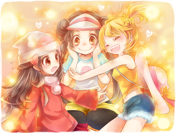 bare_shoulders, beanie, black_hair, brown_eyes, brown_hair, closed_eyes, coat, eyes_closed, flower, hair_ornament, hat, headwear_removed, heart, hikari_(pokemon), hikari_(pokemon)_(remake), kasumi_(pokemon), koron_(tkhsrui), long_hair, mei_(pokemon), multiple_girls, open_mouth, orange_hair, pantyhose, pokemon, pokemon_(game), pokemon_bw2, pokemon_dppt, raglan_sleeves, scarf, short_hair, shorts, side_ponytail, smile, visor, visor_cap