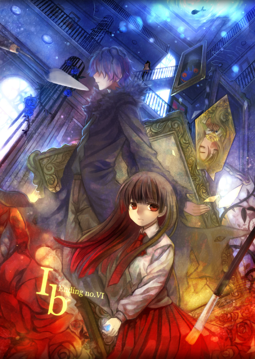 1girl, blue_rose, brown_hair, candy, closed_eyes, coat, column, eve_(ib), fish, flower, garry_(ib), gary_(ib), hair_over_eyes, hands, highres, ib, ib_(ib), knife, long_coat, long_hair, mannequin, mary_(ib), paintbrush, painting, painting_(object), palette_knife, pillar, purple_hair, red_eyes, red_rose, rose, shards, shirotolee, title_drop, vines, yellow_rose