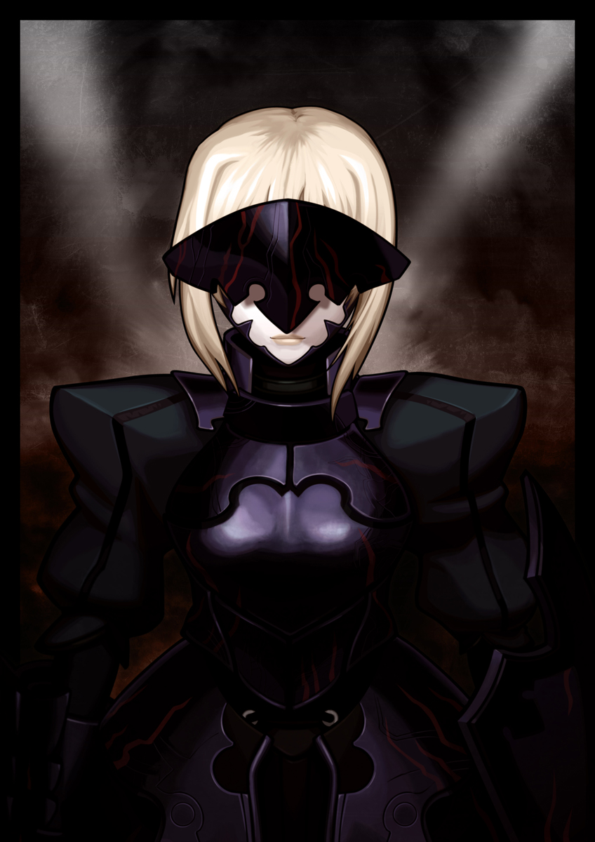 armor, armored_dress, blonde_hair, cielociel, fate/stay_night, fate_(series), gauntlets, highres, juliet_sleeves, long_sleeves, mask, puffy_shoulder_long_sleeves, puffy_sleeves, ribbon, saber, saber_alter, solo, visor, visor_(armor)