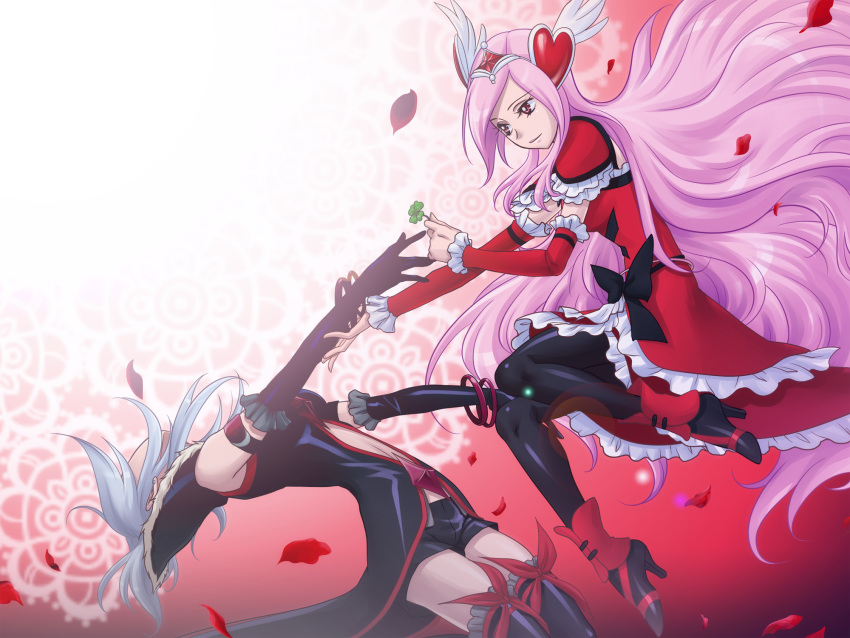1girl, arched_back, bike_shorts, black_gloves, black_legwear, bow, clover, cure_passion, dress, dual_persona, eas, elbow_gloves, four-leaf_clover, fresh_precure!, frills, gloves, gradient, gradient_background, head_wings, higashi_setsuna, high_heels, highres, long_hair, magical_girl, multiple_girls, pantyhose, petals, pink_hair, precure, red_background, red_dress, red_eyes, ribbon, rose_petals, say_(sakabin), shoes, short_hair, thigh-highs, thighhighs, tiara, white_background, white_hair