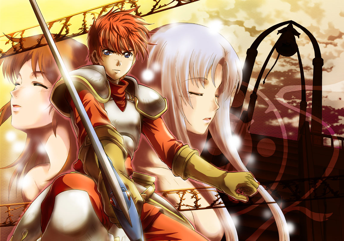 2girls, adol_christin, armor, bare_shoulders, blue_eyes, brown_hair, closed_eyes, eyes_closed
