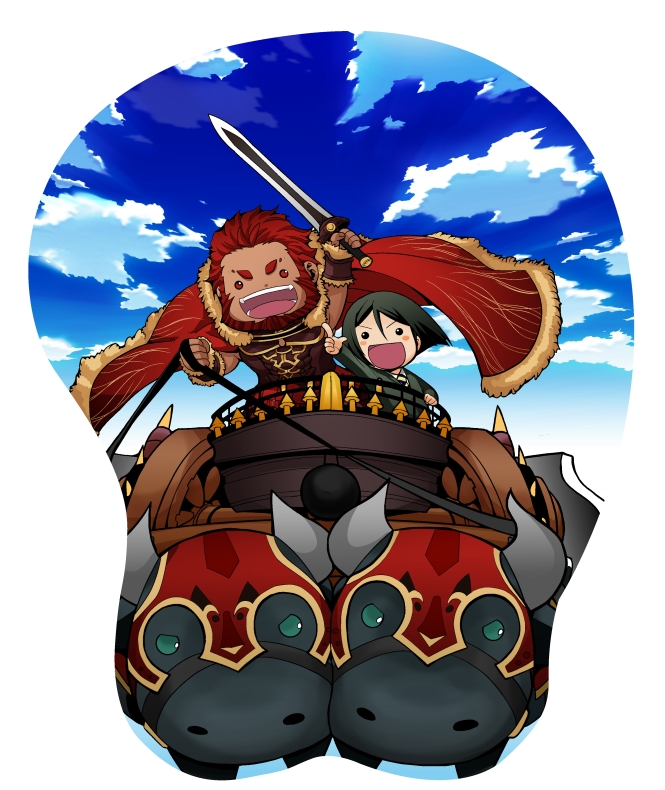 armor, beard, black_hair, breast_mousepad, bull, cape, chariot, chibi