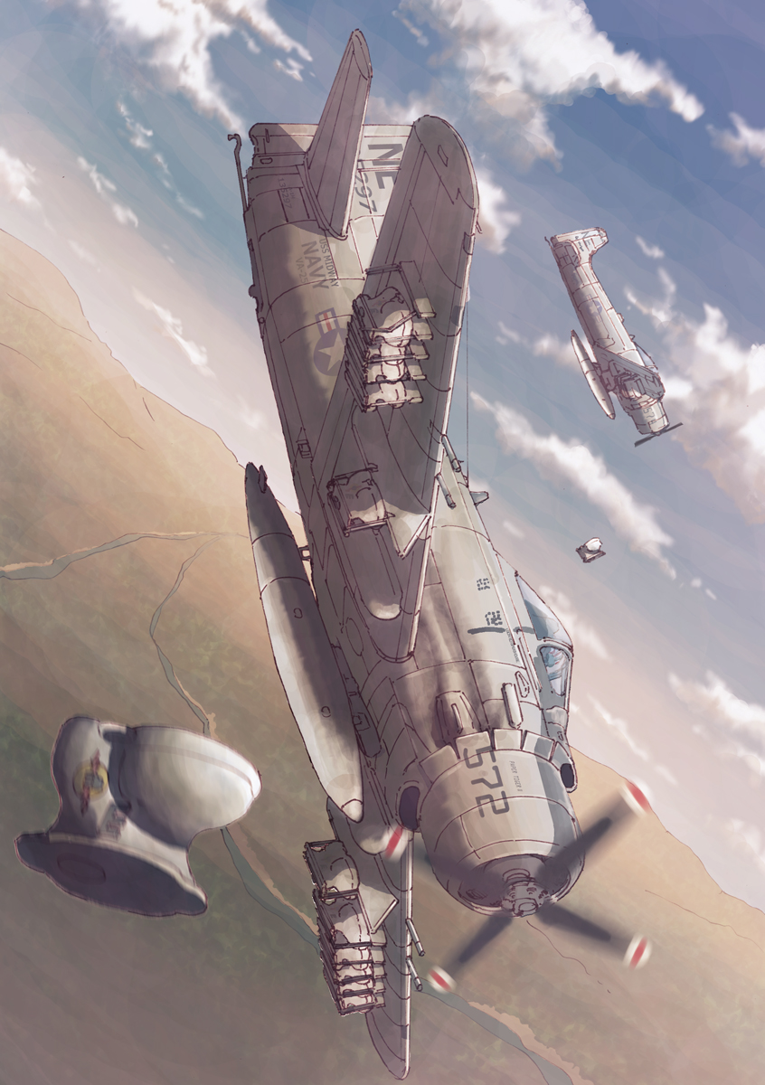 cloudy_sky, douglas_a-1, drop_tank, dutch_angle, earasensha, highres, hill, original, pilot, river, toilet, toilet_seat, us_navy