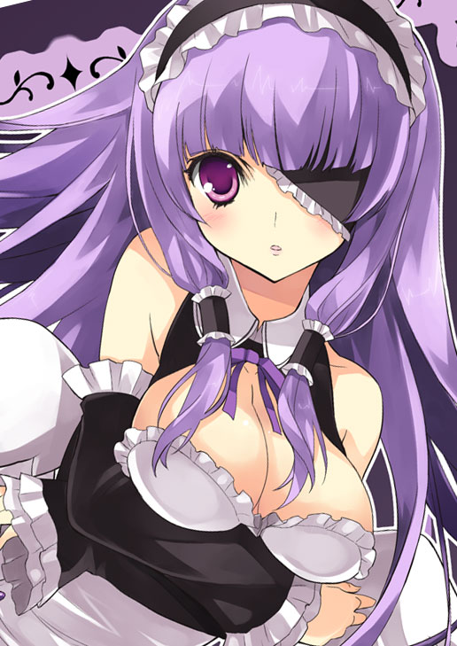 1girl, breast_lift, breasts, cleavage, detached_sleeves, dream_c_club, eyepatch, long_hair