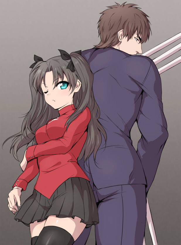 1girl, black_hair, black_keys, black_legwear, blue_eyes, brown_eyes, brown_hair, fate/stay_night
