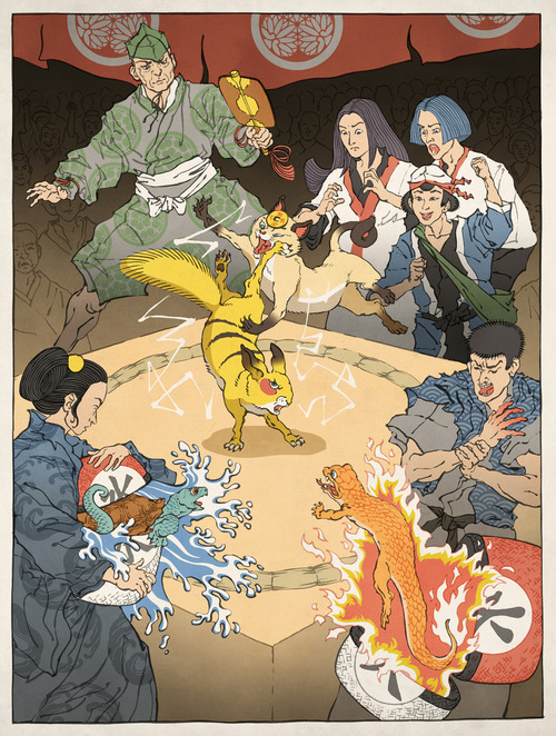 charmander, child, fine_art_parody, fire, hat, japanese_clothes, jed_henry, kojirou_(pokemon), meowth, musashi_(pokemon), nihonga, parody, pikachu, pokemon, pokemon_(anime), ponytail, purple_hair, satoshi_(pokemon), squirtle, team_rocket, tessen, translated, water