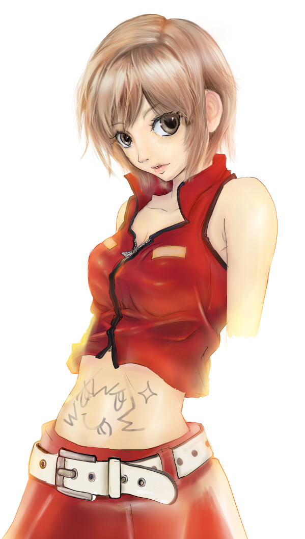 brown_eyes, brown_hair, markings, meiko, midriff, mkumku, no_navel, short_hair, skirt, vocaloid