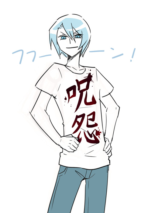 1boy, blue_eyes, blue_hair, clenched_hand, frown, hair_between_eyes, hair_intakes, hands_on_hips