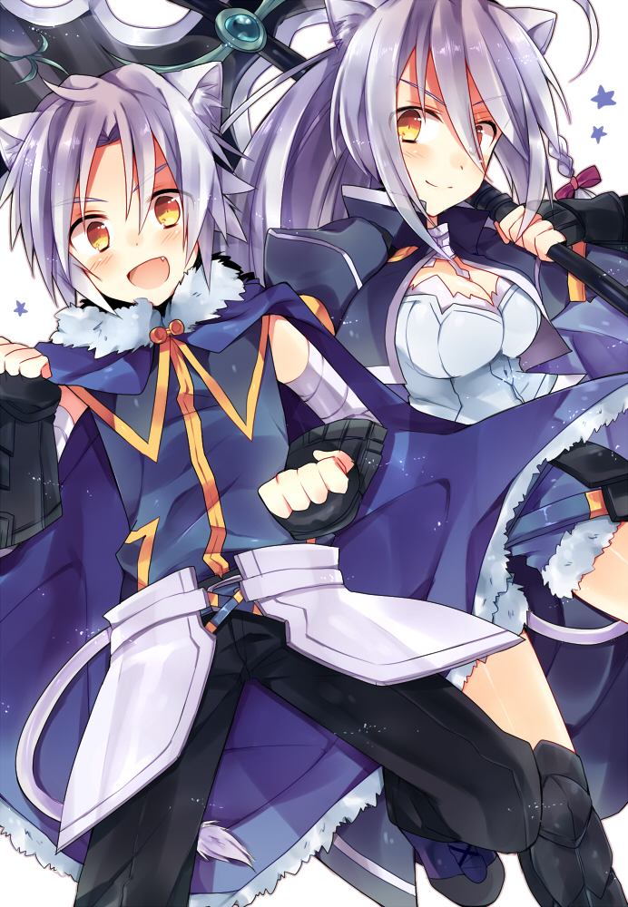 1girl, animal_ears, breasts, bustier, cat_ears, cat_tail, cleavage, dog_days, gaul_galette_des_rois, kazemarulove, leonmitchelli_galette_des_rois, silver_hair, tail, yellow_eyes