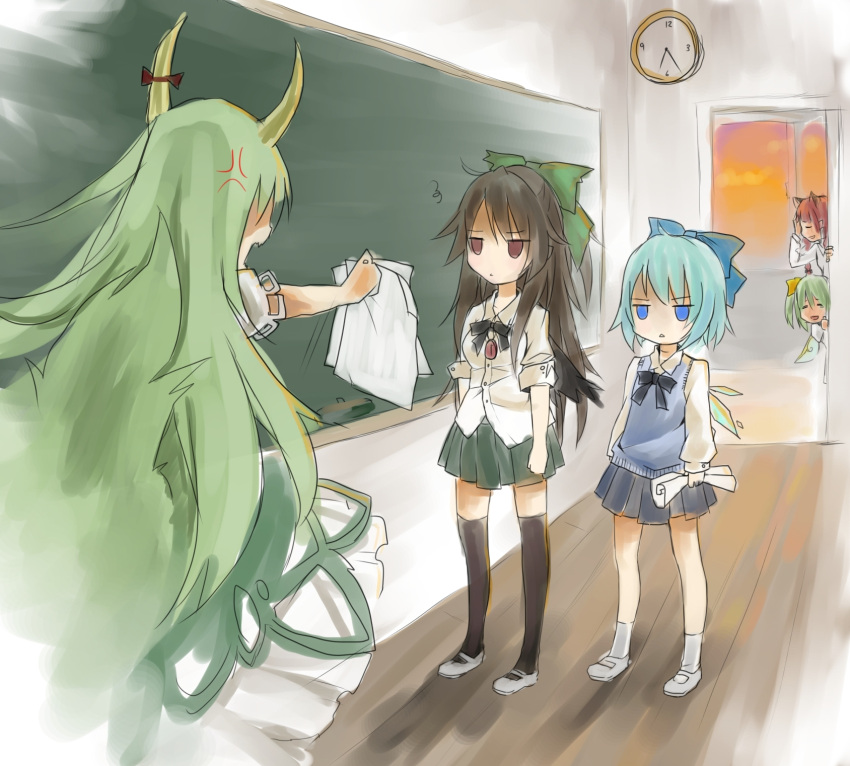:<, alternate_costume, anger_vein, animal_ears, around_corner, black_legwear, black_wings, blue_eyes