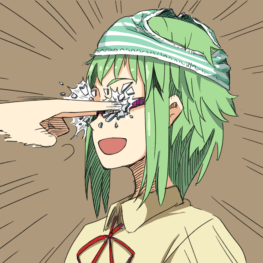 bespectacled, couzone, glasses, green_hair, gumi, hands, object_on_head, open_mouth