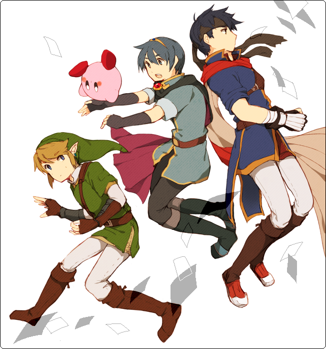 3boys, blue_hair, cape, fire_emblem, fire_emblem:_mystery_of_the_emblem, fire_emblem:_souen_no_kiseki, gloves, hat, headband, ike, kirby, kirby_(series), link, marth, nintendo, pointy_ears, super_smash_bros., the_legend_of_zelda, tiara, twilight_princess, yamakaji