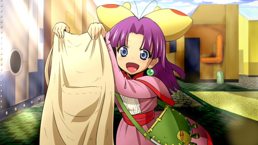 :d, anime_coloring, bag, blue_eyes, child, cloth, earrings, grandia