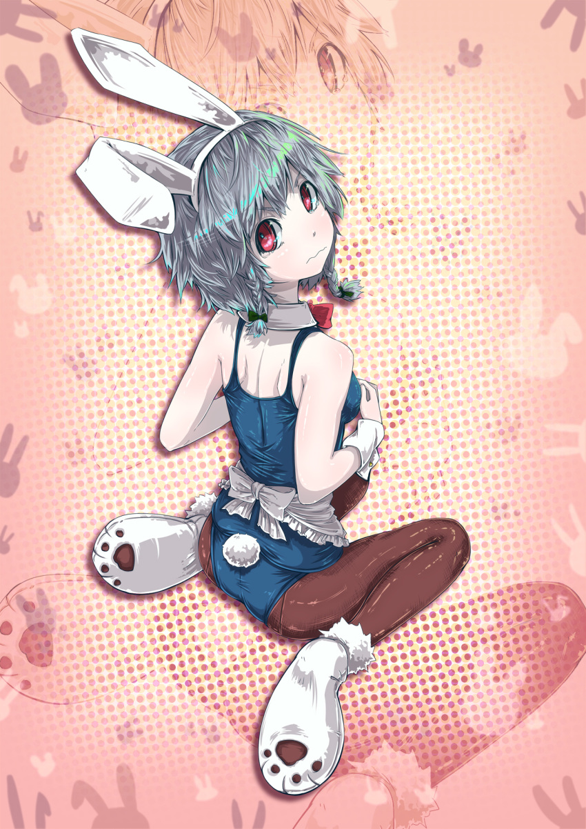 animal_ears, apron, ass, back, braid, brown_legwear, bunny_ears, bunny_tail