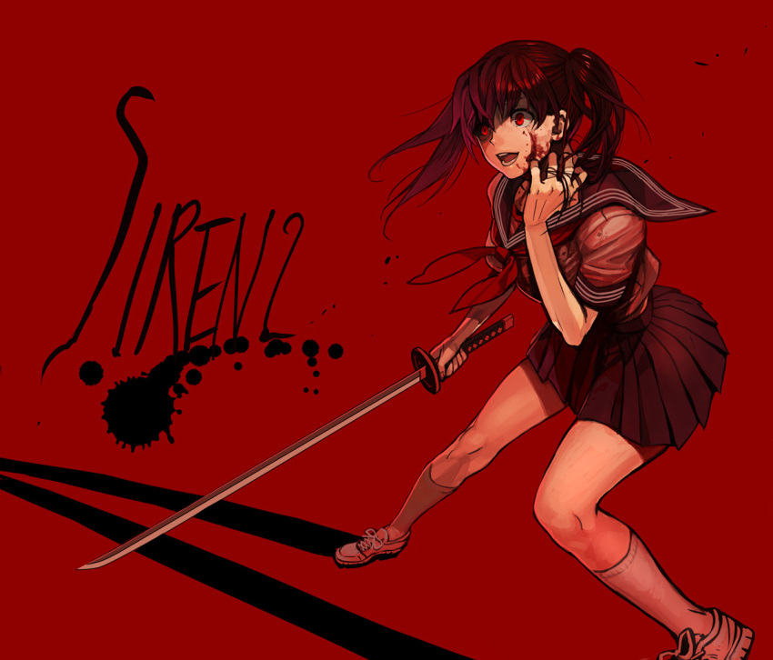 agasang, blood, brown_hair, katana, kneehighs, open_mouth, red_eyes, school_uniform, serafuku, siren, siren_2, skirt, solo, sword, twintails, weapon, yagura_ichiko