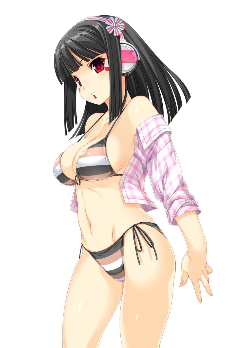 bare_shoulders, beatmania, beatmania_iidx, bikini, black_hair, breasts, cleavage, facial_mark, happy_core, headphones, highres, hinazuki_ririna, kinoshita_ichi, lilith_(beatmania_iidx), midriff, mound_of_venus, red_eyes, side-tie_bikini, simple_background, solo, striped, striped_bikini, striped_swimsuit, swimsuit, swimsuit, white_background