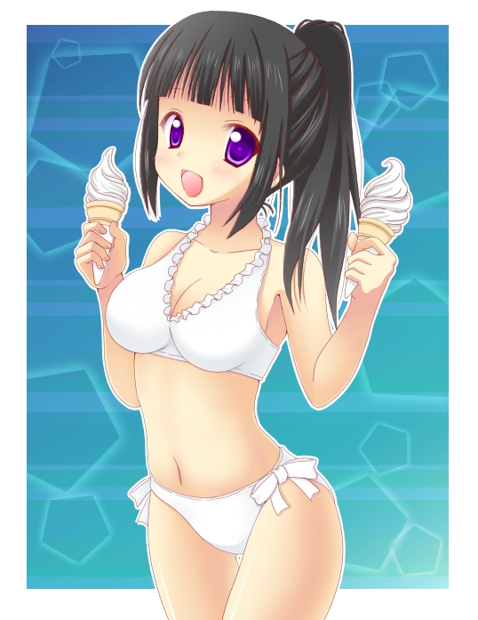 1girl, bikini, black_hair, chitanda_eru, cute, food, hinata_mirun, hyouka