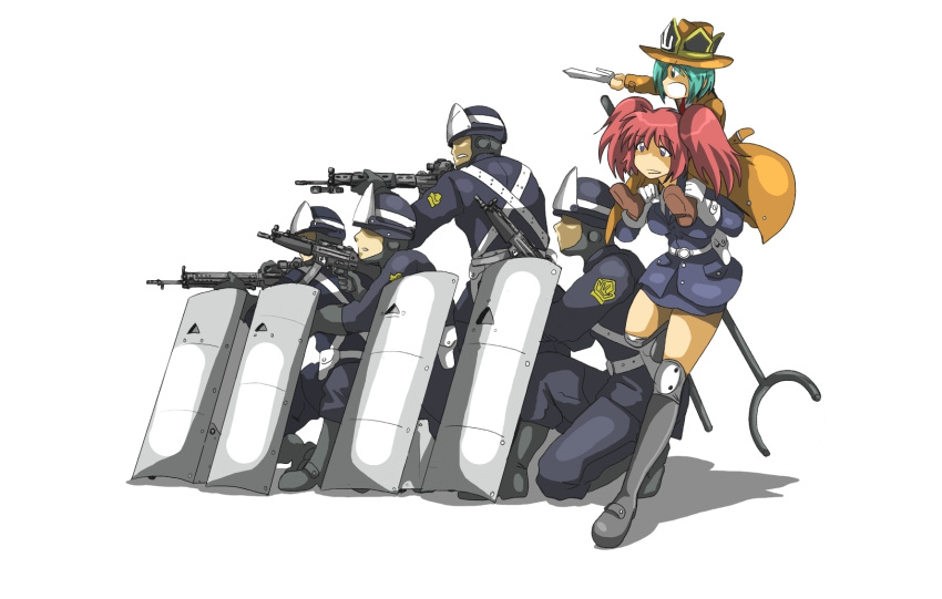 blue_eyes, cosplay, green_eyes, green_hair, gun, h&amp;k_mp5, hat, highres