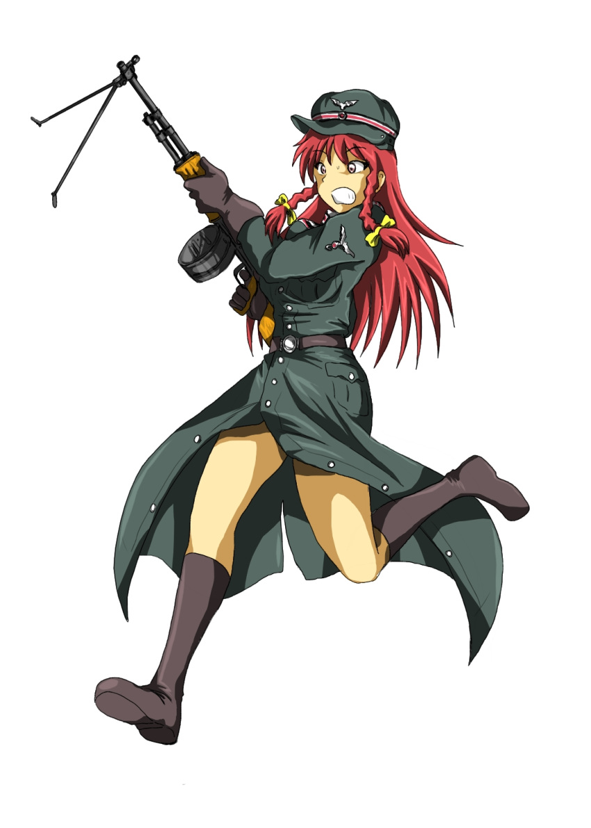 boots, braid, gun, hat, highres, hong_meiling, junkei, long_hair