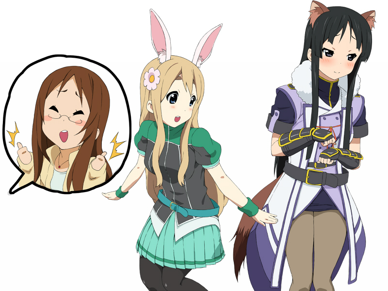 3girls, akiyama_mio, animal_ears, black_eyes, black_hair, blush, breasts, brioche_d'arquien