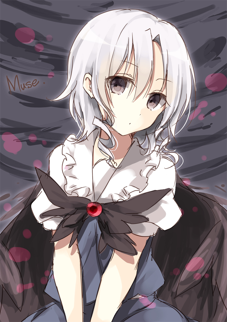 cape, dress, grey_eyes, muse_(seihou), ribbon, seihou, short_hair, short_sleeves