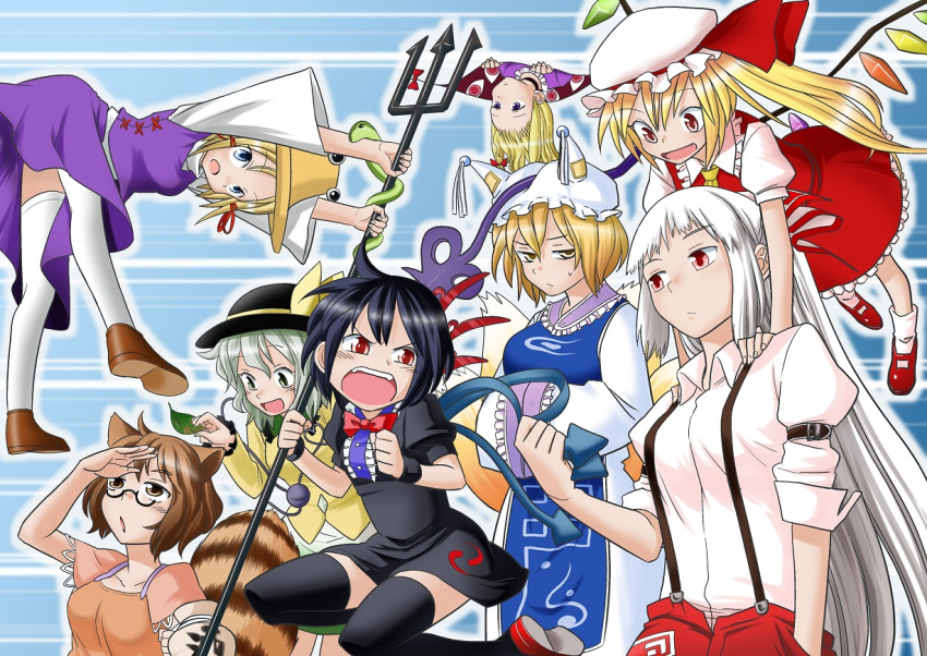 ahoge, animal_ears, armband, asymmetrical_wings, black_hair, blonde_hair, blouse, blue_background, blue_eyes, bobby_socks, brown_hair, eyeball, fangs, flandre_scarlet, frown, fujiwara_no_mokou, futatsuiwa_mamizou, fuuzasa, gap, glasses, hair_ribbon, hands_in_sleeves, hanging, hat, hat_ribbon, high_collar, houjuu_nue, komeiji_koishi, laevatein, leaf, long_hair, long_sleeves, mary_janes, moriya_suwako, multiple_girls, polearm, raccoon_ears, raccoon_tail, red_eyes, ribbon, shoes, short_hair, short_sleeves, side_ponytail, skirt, snake, socks, striped, striped_background, suspenders, tabard, tail, thighhighs, third_eye, touhou, trident, upside-down, very_long_hair, vest, weapon, wings, yakumo_ran, yakumo_yukari, yellow_eyes, zabaniya