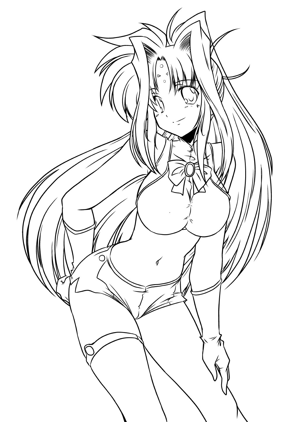 45acp, breasts, highres, lindy_harlaown, lineart, long_hair, looking_at_viewer, lyrical_nanoha, monochrome, smile, solo, very_long_hair