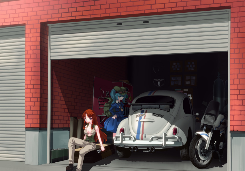 acetylene_bottle, alternate_costume, bikini_top, blue_eyes, blue_hair, boots, braid, breasts, brick_wall, bulletin_board, car, dress, frown, garage, gas_can, goggles, grey_eyes, hair_bobbles, hair_ornament, hair_ribbon, hand_on_hip, hat, hips, hong_meiling, kawashiro_nitori, key, long_hair, looking_at_viewer, motor_vehicle, motorcycle, multiple_girls, open_door, open_mouth, pants, red_hair, redhead, ribbon, shadow, sitting, skirt, smile, steering_wheel, strap, tama_(speedgrapher), tools, touhou, twin_braids, twintails, vehicle, vest, volkswagen, volkswagen_beetle, wrench