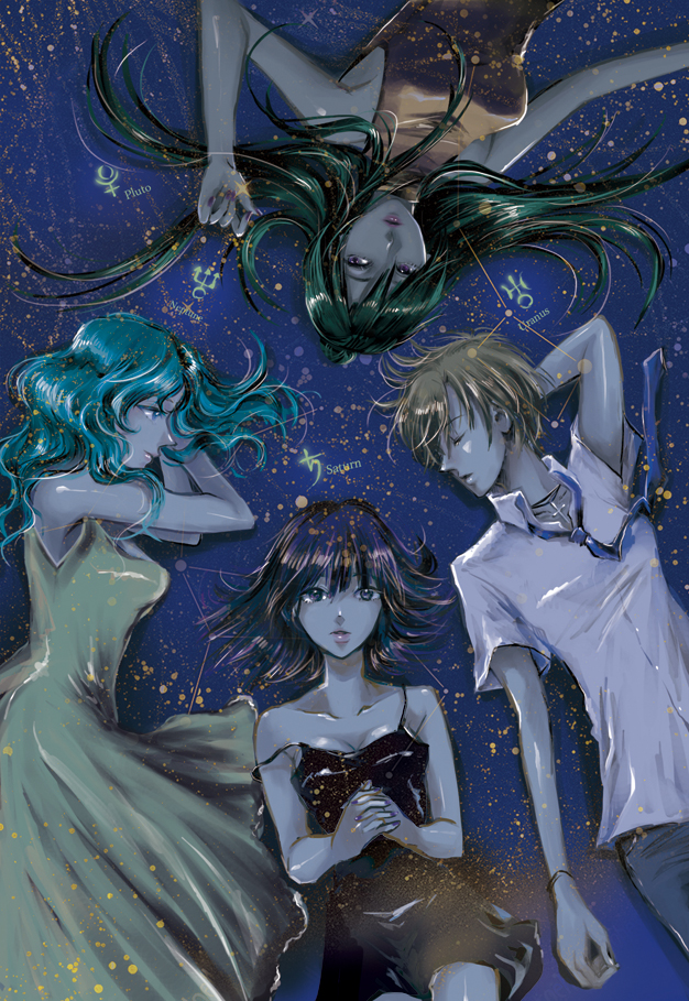 amairo, androgynous, aqua_eyes, aqua_hair, bishoujo_senshi_sailor_moon, black_eyes, black_hair, breasts, brown_hair, circle_formation, cleavage, closed_eyes, dress, eyes_closed, green_hair, hair_bun, hands_clasped, kaiou_michiru, long_hair, meiou_setsuna, multiple_girls, necktie, neptune_symbol, pluto_symbol, purple_eyes, reverse_trap, saturn_symbol, shirt, short_hair, ten'ou_haruka, ten'ou_haruka, tomboy, tomoe_hotaru, uranus_symbol, violet_eyes