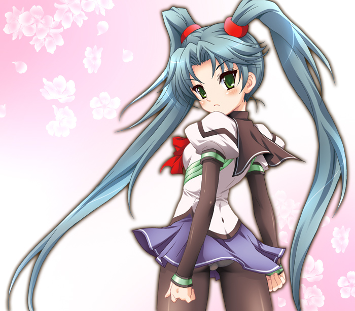 bow, floral_background, from_behind, green_eyes, kutuna_yui, long_hair, looking_back, panties