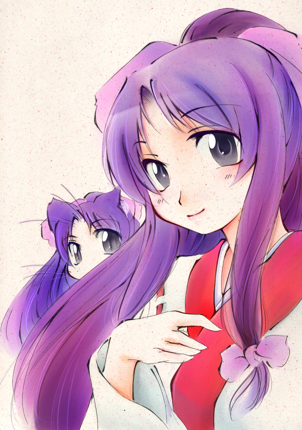 cat_ears, dual_persona, eternal_melody, highres, jason_(kaiten_kussaku_kikou), jiei_son, kurenai_wakaba, long_hair, looking_at_viewer, purple_hair, smile, very_long_hair