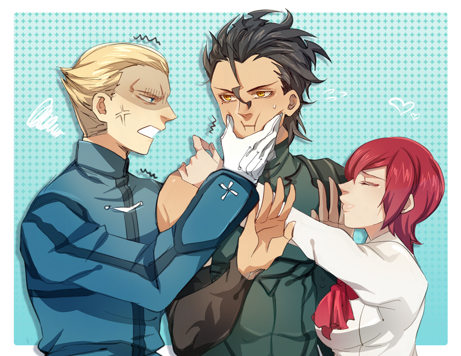 1girl, 2boys, ahoge, anger_vein, black_hair, blonde_hair, blue_eyes, canislatrans