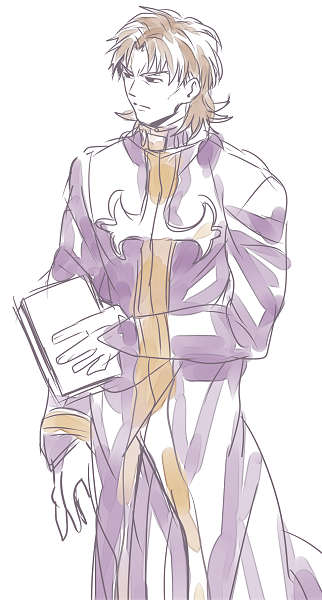 1boy, book, brown_eyes, brown_hair, cosplay, enrico_pucci, enrico_pucci_(cosplay), fate/stay_night