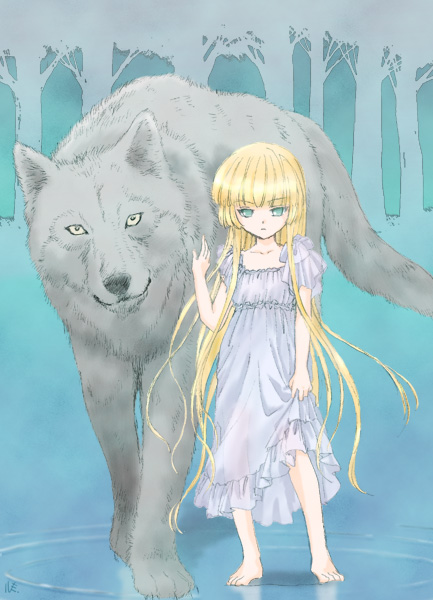 1girl, animal, barefoot, blonde_hair, collarbone, dress, full_body, gosick