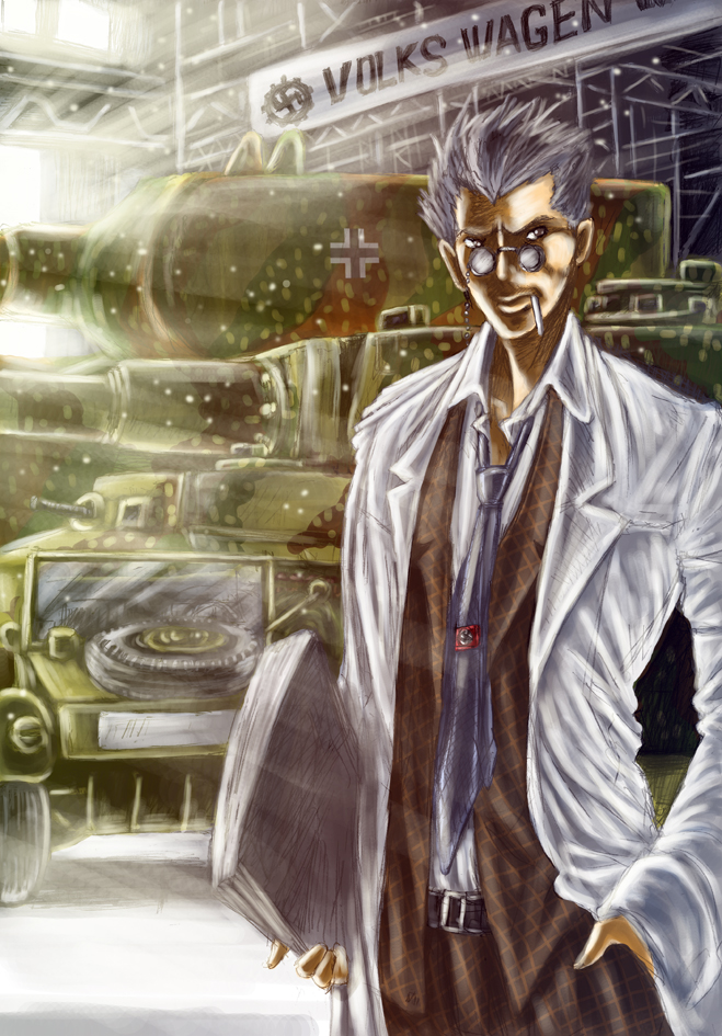 black_hair, cigar, ferdinand_porsche, glasses, hand_in_pocket, iron_cross, kubelwagen, labcoat