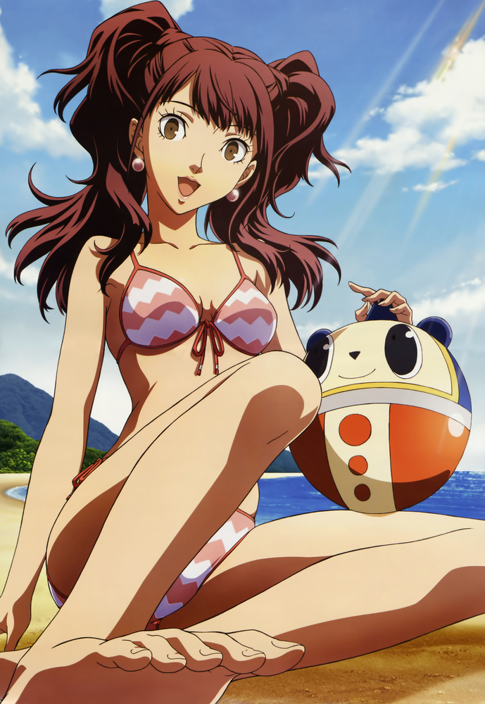 ball, barefoot, beach, beachball, bikini, brown_eyes, brown_hair, cloud