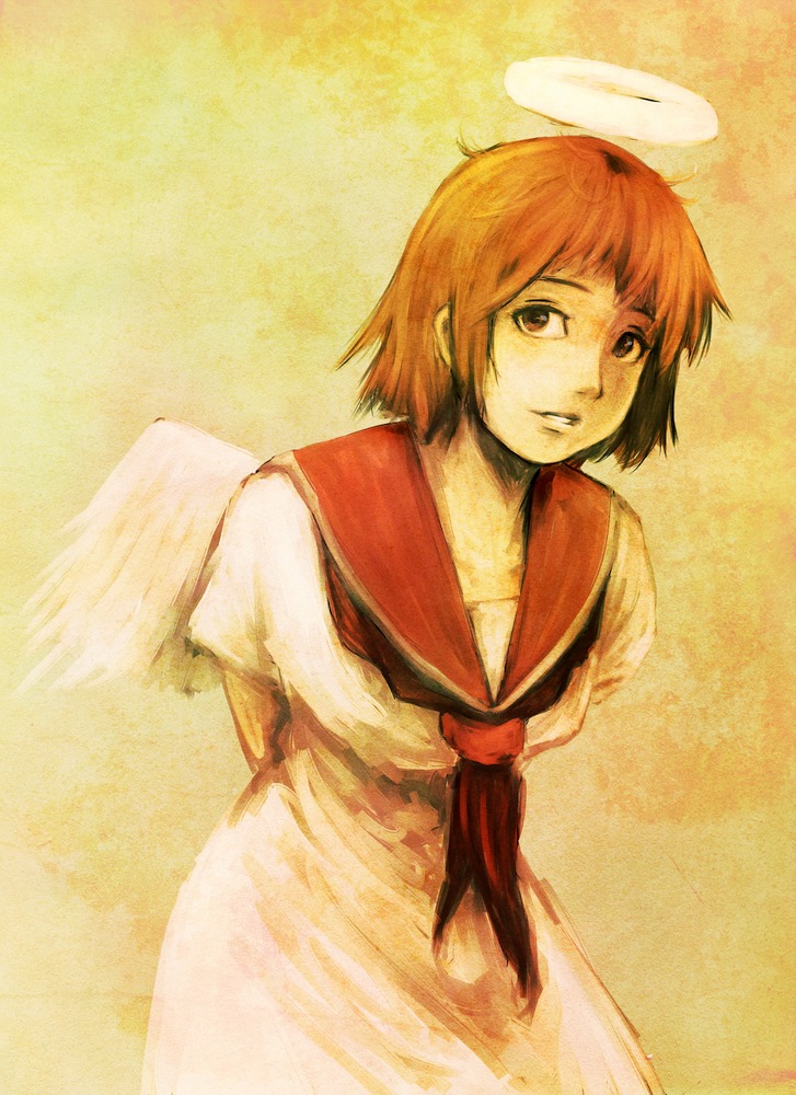 angel_wings, arms_behind_back, brown_hair, dress, haibane_renmei, halo, nicorosberg07, rakka, sailor_collar, sepia, short_hair, solo, white_dress, wings