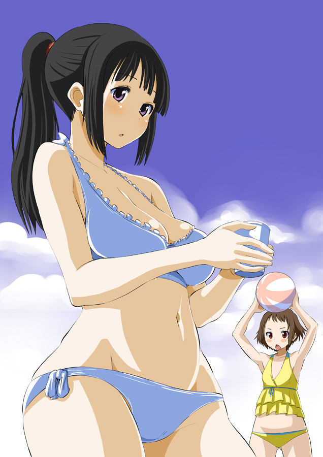 :<, :o, armpits, arms_up, ball, bangs, bikini, black_hair
