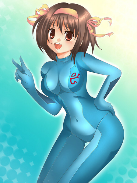 1girl, aikawa_mio, bodysuit, brown_eyes, brown_hair, cosplay, crossover, hair_ribbon