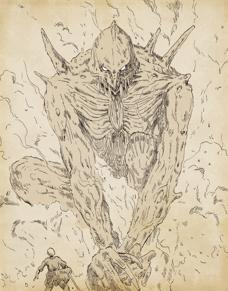 giant, i-carmine, kaze_no_tani_no_nausicaa, kyoshinhei, monochrome, monster, sepia, smoke