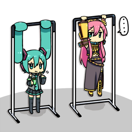 2girls, aqua_eyes, aqua_hair, boots, chibi, cross-laced_footwear, detached_sleeves, eating, hanging, hatsune_miku, horizontal_bar, kuromine_nakatoki, lace-up_boots, long_hair, looking_at_viewer, lowres, megurine_luka, multiple_girls, necktie, pink_hair, pleated_skirt, prehensile_hair, side_slit, skirt, thighhighs, twintails, vocaloid